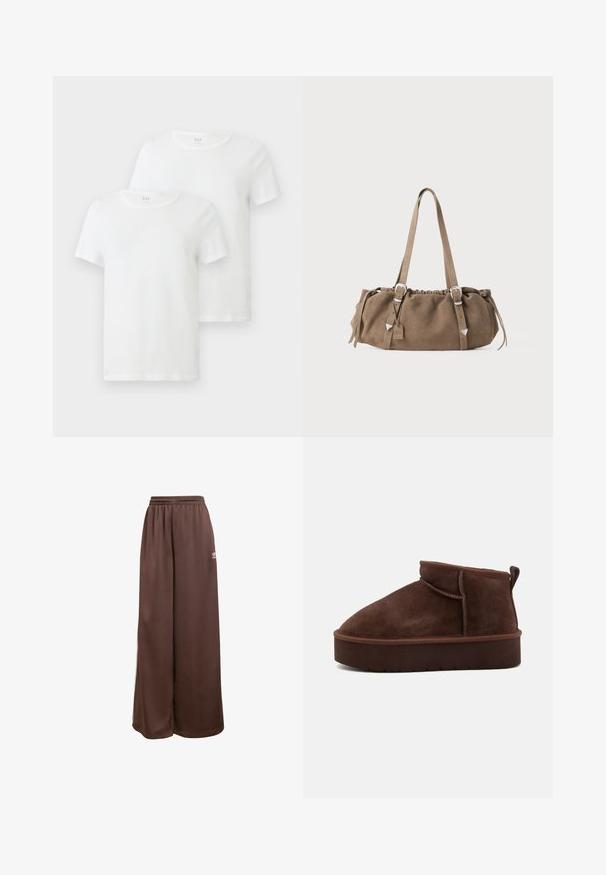 Two white short-sleeve t-shirts made of cotton, featuring a round neckline and a soft texture. Brand logo visible on the neckline.; adidas Originals Tracksuit bottoms - auburn cream white; Brown suede ankle boot with a rounded toe, soft texture, and a thick platform sole. Features a subtle seam detail and a back pull tab.; Brown suede handbag with a gathered top, silver hardware accents, and two shoulder straps. Features a rectangular shape and minimal design.