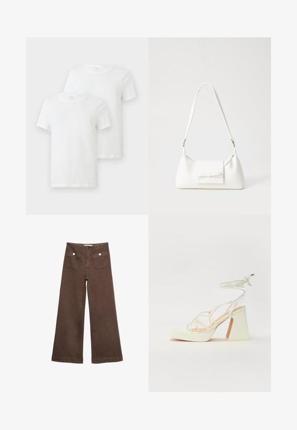 Due magliette bianche a manica corta in cotone, con scollo rotondo e una consistenza morbida. Logo del marchio visibile sul colletto.; Pantaloni larghi marroni in cotone, con due tasche frontali decorate da bottoni argentati e una texture liscia.; Sandalo bianco con tacco alto, caratterizzato da un design a cinturini e un legaccio alla caviglia. Texture liscia con una piattaforma frontale per un'altezza aggiuntiva.; Borsa sintetica bianca a forma triangolare, con patta anteriore piatta e dettaglio a fiocco, tracolla regolabile, texture liscia e design minimalista.