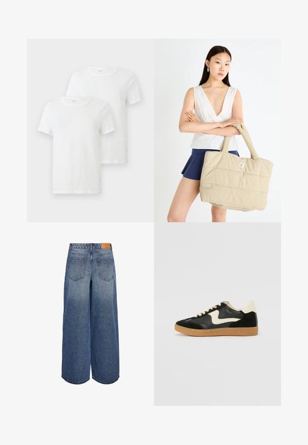 Kaksi valkoista lyhythihaista T-paitaa, jotka on valmistettu puuvillasta. Paidoissa on pyöreä kaula-aukko ja pehmeä rakenne. Brändilogo näkyy kaula-aukossa.; Farkku culottes lahkeet leveällä leikkauksella keskimääräisessä sinisessä värissä, jossa on haalistunut pinta. Niissä on kaksi takataskua ja ruskea nahkainen bränditagi vyötäröllä.; Mustat mokka- ja nahkakengät, joissa on kermaisen valkoinen sivupainatus ja vaalea kermaisine kantapää. Varustettu beigeillä nauhoilla ja kumista valmistetulla ulkopohjalla.; Vaaleanbeige tikkitoteetti, jossa on pehmustettu pinta ja tukevat kahvat. Etupuolella pieni logo. Mallilla on päällään valkoinen paito ja tummansininen hame.