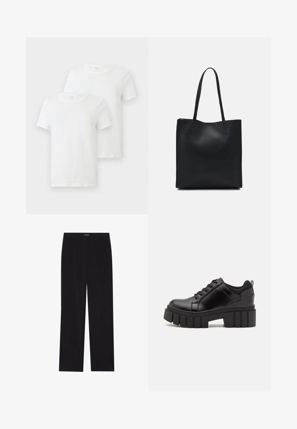 Two white short-sleeve t-shirts made of cotton, featuring a round neckline and a soft texture. Brand logo visible on the neckline.; Black corduroy trousers with a straight cut, featuring a flat waistband and no visible pockets, smooth texture, and vertical ribbing detail.; Black leather platform shoes with a chunky block heel, round toe, and traditional lace-up design. Features smooth texture and minimal detailing.; Black leather tote bag with smooth texture, rectangular shape, and two long handles. No visible hardware or embellishments.