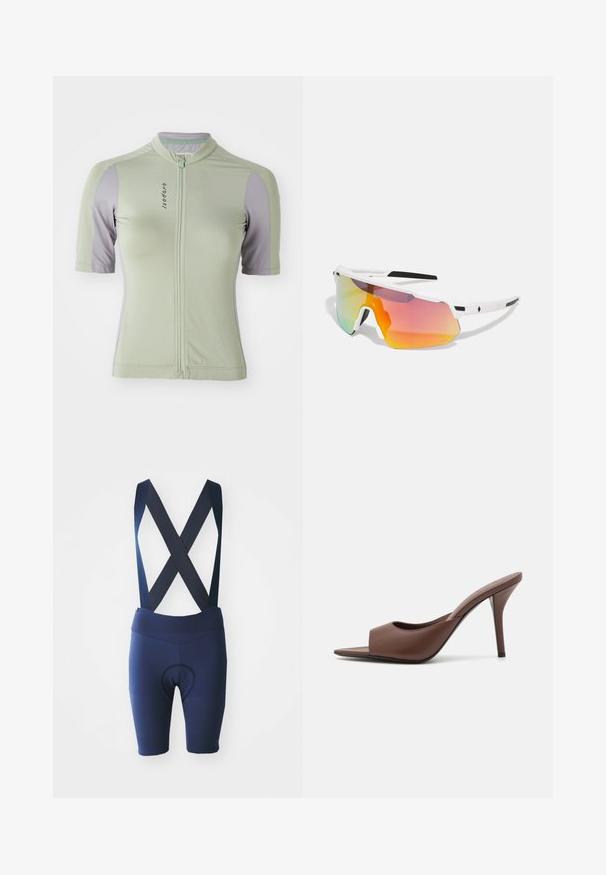 Short-sleeve cycling jersey in light green with purple accents. Features a front zipper, round collar, and textured fabric.; Navy cycling bib shorts with crossed straps, breathable fabric, padded seat area, and textured detailing along the legs.; Brown leather open-toe high-heeled mules with a sleek design, featuring a wide front strap and a slender stiletto heel.; Sweet Protection SHINOBI UNISEX - Sunglasses - rig topaz/satin white