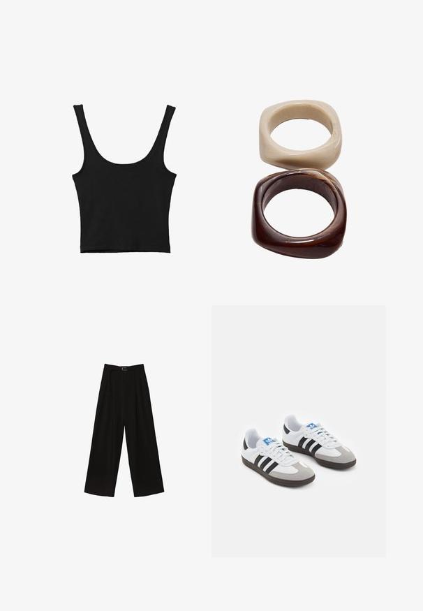 Čierny skrátený top s širokými ramienkami, vyrobený z mäkkého materiálu, s hladkým povrchom a minimalistickým dizajnom.; Čierne široké nohavice s vysokým pásom, vybavené pásom v páse a sklady pre textúru. Vyrobené z hladkej, ľahkej látky.; Športové topánky s bielym koženým zvrškom, šedou semišovou špičkou a tromi čiernymi pruhmi. Obsahujú modré logo na jazyku a štruktúrovanú gumovú podrážku.; Stradivarius SET - Náramok - dark brown