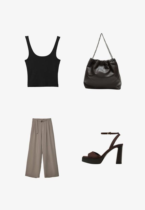 Top corto nero con spalline larghe, realizzato in materiale morbido, con una superficie liscia e un design minimalista.; Pantaloni a gamba larga in un morbido tessuto grigio tenue, con vita con cintura e pieghe per un tocco di design aggiuntivo. Texture liscia, senza motivi.; Sandal in camoscio marrone con tacco alto, punta aperta, cinturino alla caviglia regolabile e suola a piattaforma striata.; Borsa in pelle marrone con parte superiore arricciata e tracolla a catena. Texture liscia con finitura lucida e dettagli di cucitura sottili sui lati.