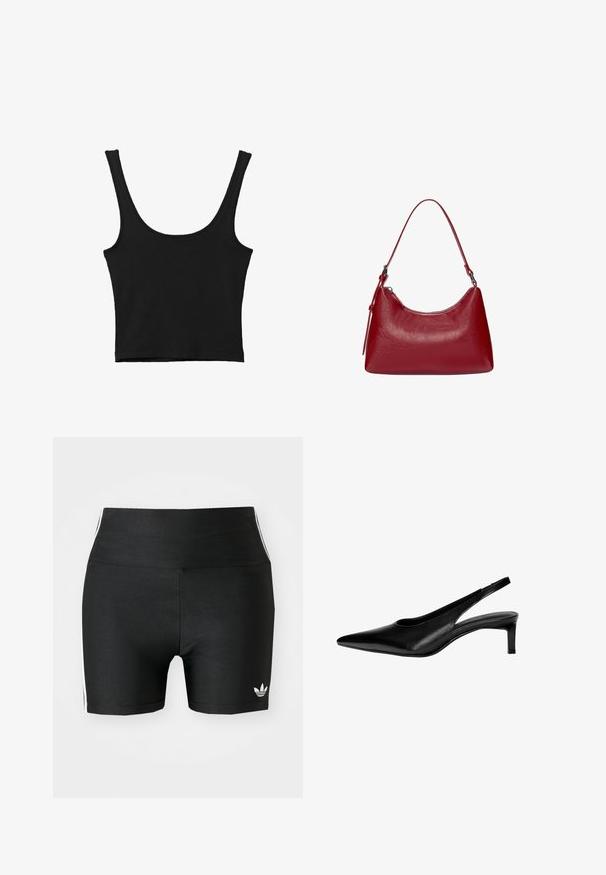 Schwarzes verkürztes Tanktop mit breiten Trägern, aus weichem Material, mit glatter Textur und minimalistischem Design.; Schwarze Sportshorts aus einem dehnbaren Stoff mit hoher Taille. Sie verfügen über weiße Seitenstreifen und ein kleines weißes Logo am Saum.; Schwarze Leder-Slingback-Schuh mit spitzer Zehe, niedrigem Absatz und Ausschnitt-Design an den Seiten. Glatte Textur mit schlanker Optik.; Rote Leder-Schultertasche mit einem geschwungenen Design, glatter Textur und einem Reißverschluss. Sie verfügt über einen dünnen Henkel zum Tragen.