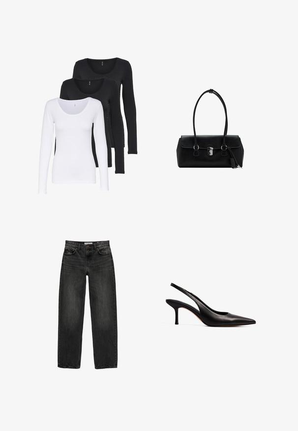 Drei Langarm-T-Shirts in Schwarz und Weiß. Aus weichem Baumwollstoff, mit Rundhalsausschnitten, körperbetontem Schnitt und auffälligen Nähten.; Schwarze Jeans aus Denim mit lockerer Passform, geradem Bein, fünf Taschen-Design und einer leicht gewaschenen Textur. Knopf- und Reißverschluss vorne.; NA-KD Pumps - black; Schwarze Lederhandtasche mit glatter Textur, strukturiertem Design, doppelten Griffen und einem silbernen Verschlussdetail in der Mitte.