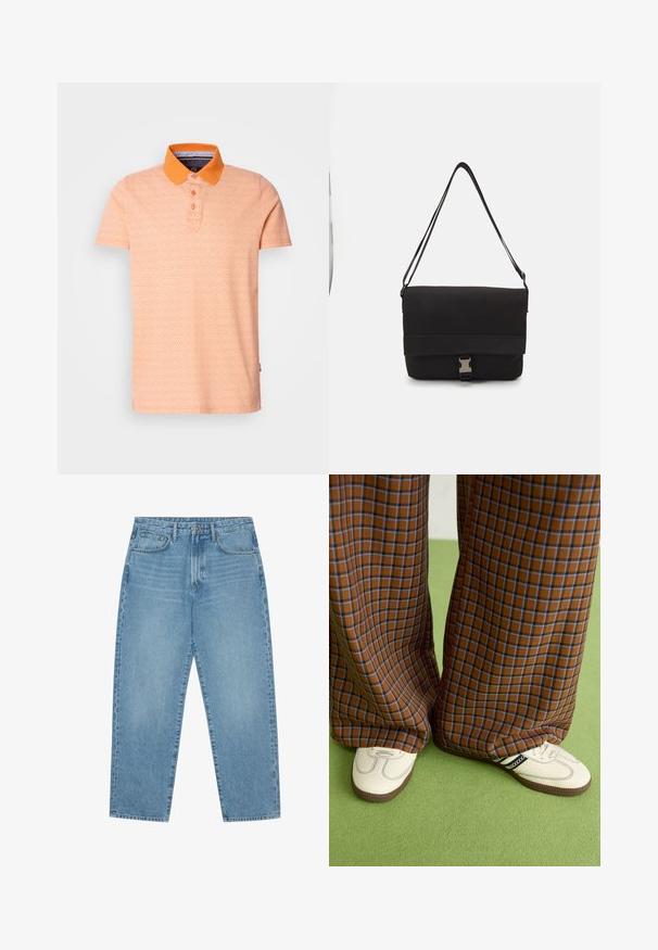 Polo tričko s krátkým rukávem v světle oranžové barvě s kontrastním oranžovým límečkem. Obsahuje geometrický vzor a zapínání na tři knoflíky.; Světle modré džíny s širokými nohavicemi a vysokým pasem, které mají pět kapes, poutka na opasek a měkkou, mírně vybledlou strukturu.; Hnědo-modré kostkované široké kalhoty doplněné bílými botami s černými akcenty a texturovanou podrážkou, umístěné na zeleném pozadí.; Černá messenger taška vyrobená z hladkého materiálu, s překlopným víkem, stříbrnými sponkami a nastavitelným ramenním popruhem.