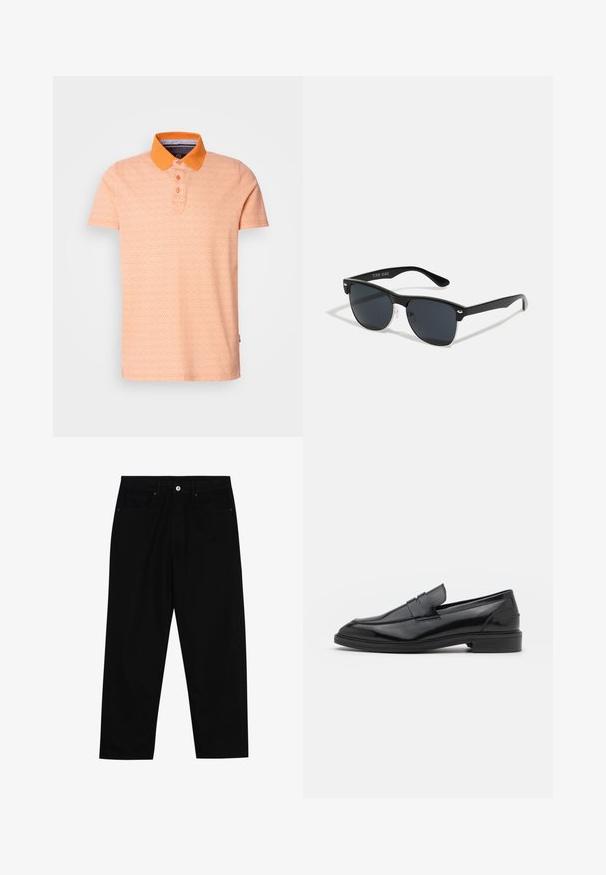 Rövid ujjú pólóing világos narancssárga színben, kontrasztos narancssárga gallérral. Geometriai mintával és háromgombos gombolással rendelkezik.; Fekete farmernadrág, egyenes szabással, öt zsebből álló dizájnnal és elülső gombos záródással. Simább felület minimális varrási részletekkel.; Fekete bőrcipók sima felülettel, kerek orral és keskeny sávval a felsőrészen. Alacsony, rétegelt sarkú.; Fekete napszemüveg, téglalap alakú, sötét lencsékkel, ezüst részletekkel a szárakon, és matt felülettel a kereten.