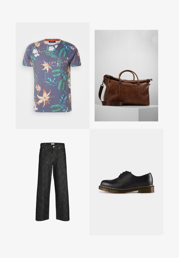 Korte mouw t-shirt gemaakt van katoen, met een marineblauwe basis en een kleurrijk bloemenpatroon en een borstzak.; Zwart denim broek met wijde pijpen, voorzien van contrasterende gele stiksels, een vijf-pocket ontwerp en een knoopsluiting in de taille. Duurzame materiaalkwaliteit.; Zwarte leren schoen met een ronde neus, vetersluiting, gele stiksels langs de zool en een stevige, geprofileerde rubberen buitenzool.; Bruine leren sporttas met een ritssluiting, dubbele handvaten, een verstelbare schouderband en zichtbare textuurpatronen op het oppervlak.; Zilveren chronograaf horloge met een gepolijst roestvrijstalen band, een gestructureerde witte wijzerplaat, drie sub-dials en een rode accent op de minutenwijzer.