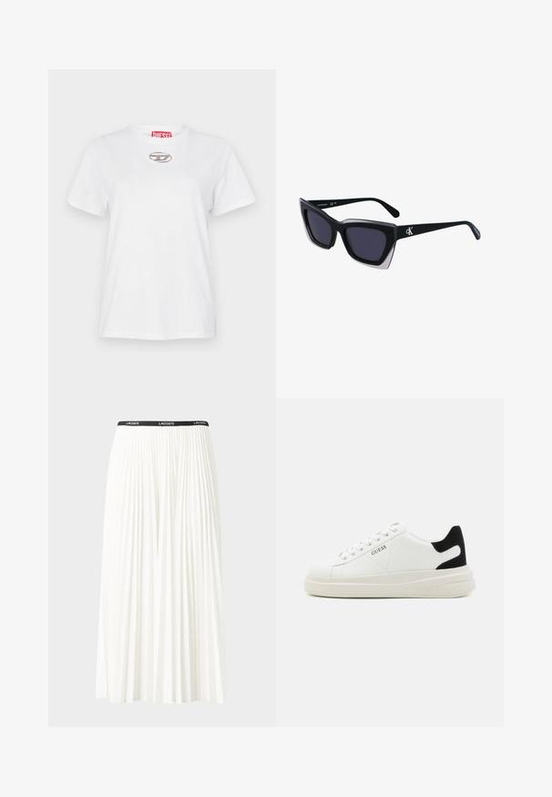 Baltos medvilnės marškinėliai su apvalia iškirpte, trumpomis rankovėmis ir sidabriniu logotipo akcentu krūtinėje. Viduje ant apykaklės yra raudonas prekių ženklo etiketė.; Pleated balta sijonas su juodu elastiniu juosmeniu, ant kurio yra "LACOSTE" logotipas. Vidutinio ilgio dizainas su švelnia tekstūra.; Baltos odinės sportbačiai su storu baltu padu, juodu nubuko kulno akcentu ir iškilmingu logotipu šone. Su raišteliais, turinčiais šešis akinius.; Juodos didelės saulės akinių su geometrine forma, turinčiais tamsius objektyvus ir kontrastingą pilką detalę ant rėmelio. Logotipas ant šalon.