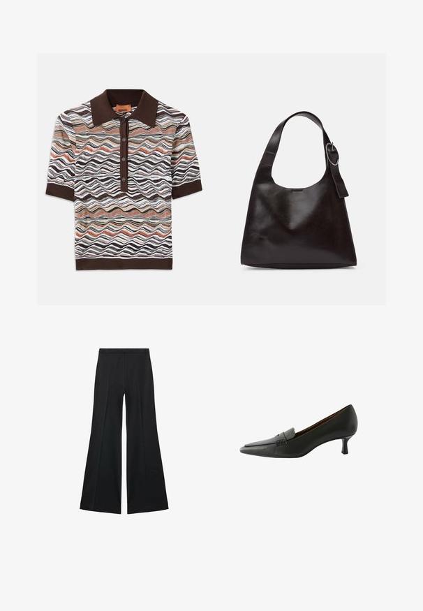 Hnedý golierový polokošeľ s viacfarebným vlnitým vzorom v odtieňoch hnedého, krémového a teracotta; päť gombíková légou; krátke rukávy.; Čierne široké nohavice s hladkou textúrou, s prednými záhybmi a elegantným strihom. Materiál je ľahký a pruhlý.; Čierna kožená heeled topánka s špicatou špičkou a dekoračným pásikom. Obsahuje nízky stiletto podpätok a hladký povrch.; Hnedá kožená taška cez rameno s hladkým povrchom, zaobleným tvarom, širokým popruhom a kruhovým kovovým akcentom na rúčke.