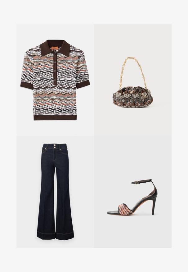 Rudas polo marškinėliai su daugiaspalviu bangų raštu rudų, grietinėlės ir terakotos atspalviuose; penkių mygtukų užsegimas; trumpomis rankovėmis.; Tamsiai mėlynos, aukštu liemeniu plačios kojų džinsai su priekinių kišenių, dviem matomais mygtukais ir geltonu siuvinėjimo akcentu.; Juodi kulniukai su užtrauktuku ant kulkšnies. Yra tekstūruota, daugiaspalvė audinio juosta per pirštus. Lygus odos paviršius.; Juodas ir kremine spalva gėlėmis raštuotas audinio krepšys su subanguotu dizainu, kuris turi auksinę grandinėlę ir metalinius akcentus.