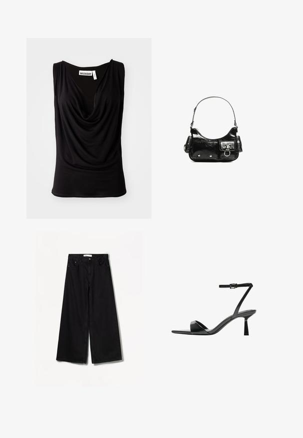 Črna brezrokavnik s drapiranim dekoltejem, izdelana iz mehkega blaga. Ima etiketo z napisom "WEEKDAY" na notranji strani vratu. Gladka tekstura, oprijet kroj.; Bershka WIDE-LEG - Široke hlačnice - black; Bershka Sandali z visoko peto - black; Črna lakasta usnjena torbica s ukrivljeno obliko, enim ramenskim trakom, sprednjimi žepi in srebrnimi kovinskimi dodatki.