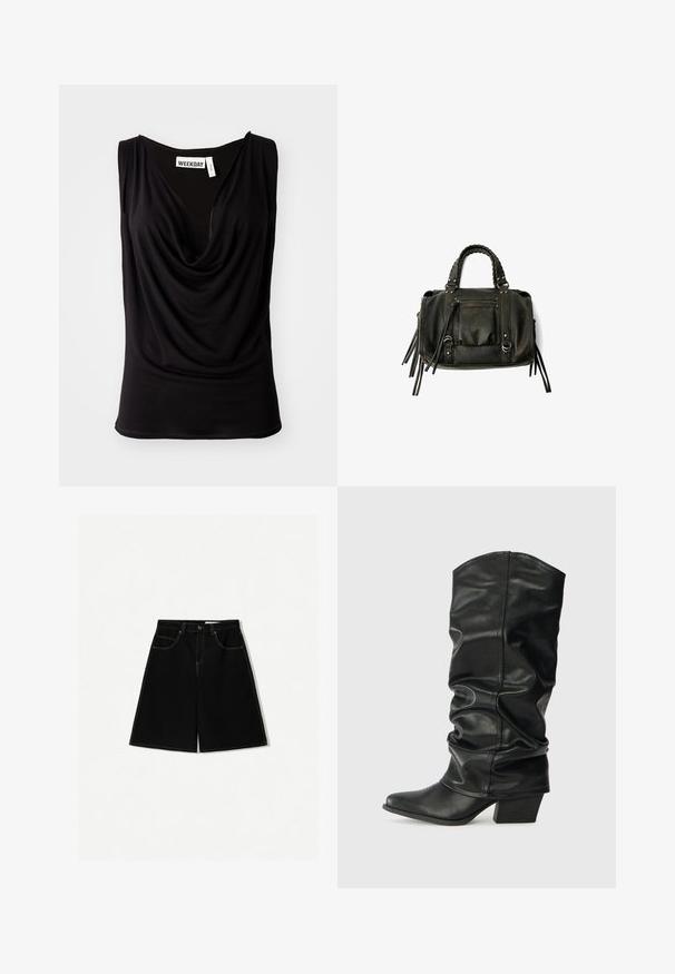 Black sleeveless top with a draped neckline, made of soft fabric. Features a label with "WEEKDAY" on the inner neck. Smooth texture, fitted design.; Black denim shorts with a loose fit, featuring five pockets, yellow stitching accents, and a mid-rise waist design.; Black leather knee-high boots with a slouched design, pointed toe, and a chunky heel, featuring smooth texture and minimal stitching.; Black leather handbag with braided handles, zipper pocket, and hanging tassels. Textured surface with metal studs and hardware accents.