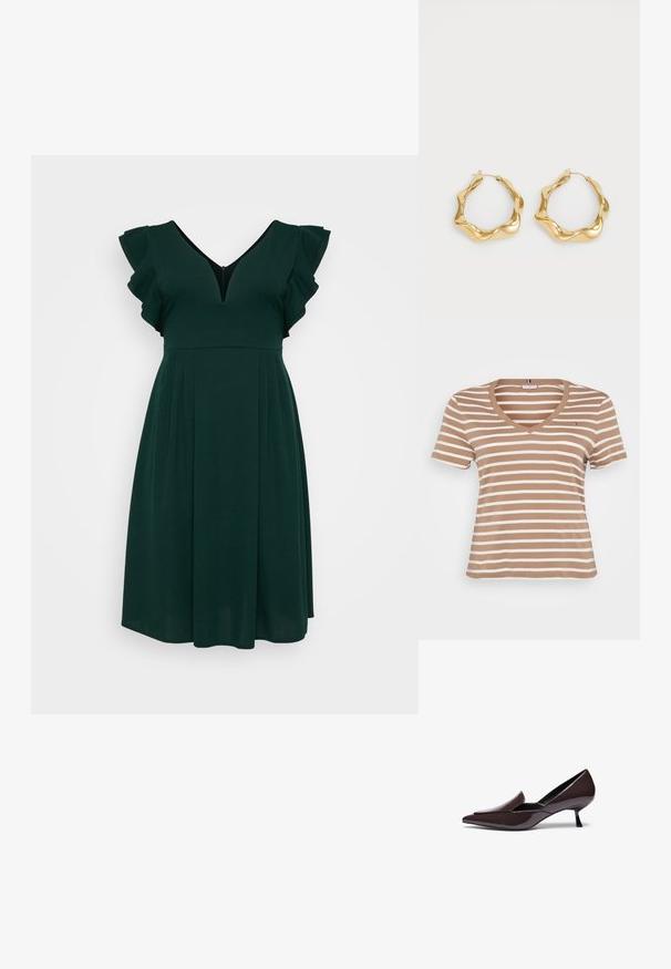 Hnedo-krémový pruhovaný tričko s výstrihom do V, krátkymi rukávmi a jemnou textúrou. Obsahuje malé logo na hrudi.; Zelené šaty po kolená z jemnej tkaniny, s výstrihom do V, volánovými krátkymi rukávmi a plisovanou sukňou. Jednoduchý a elegantný dizajn.; Špičaté lodičky v tmavo hnedej lakovej koži s nízkym stiletto podpätkom a elegantným siluetou, s mierne zvýšeným nártom.; Kabelka s leopardím vzorom z texturovanej umelej kože, s zlatým trojuholníkovým detailom a odnímateľným popruhom na rameno.; Zlaté kruhové náušnice s vlnitým, textúrovaným dizajnom. Obsahujú tenké drôtové zapínanie a lesklý, reflexný povrch.