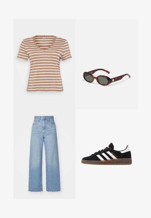 Tricou cu dungi maro și crem, cu decolteu în V, mâneci scurte și o textură moale. Prezintă un detaliu mic cu logo pe piept.; Jeans cu talie înaltă, de culoare albastru deschis, cu croială largă, dotate cu nasture și fermoar la față, buzunare în față și spate, pe un fundal alb.; Sneaker Adidas negre cu dungi albe, text aurit "Spezial", talpă din cauciuc și tab de călcare alb, prezentat din vedere laterală.; Ochelari de soare cu model țestoasă, cu lentile întunecate, formă ovală și brațe late. Prezintă un mic accent auriu pe lateral. Material din plastic neted.