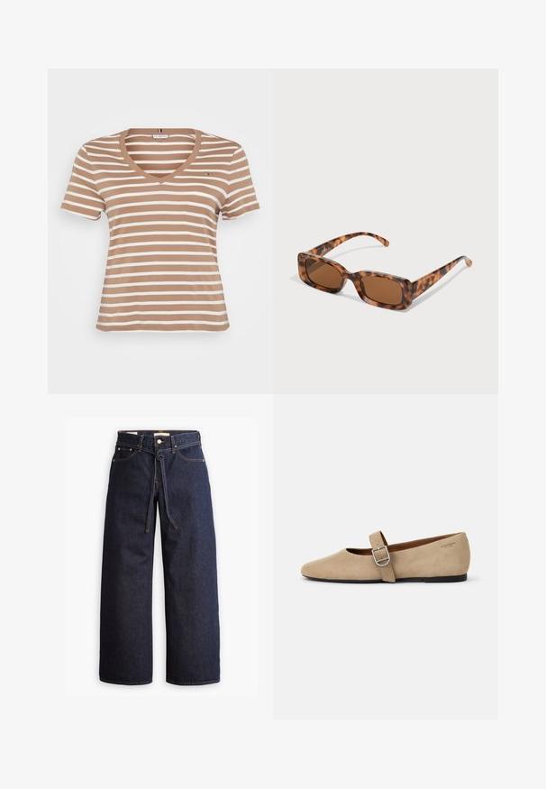 Brown and cream striped t-shirt with a v-neck, short sleeves, and a soft texture. Features a small logo detail on the chest.; Wide-leg dark blue denim jeans with a high waist, featuring a drawstring tie, five pockets, and contrasting stitching details.; Beige suede Mary Jane flats with a pointed toe and a single adjustable strap featuring a silver buckle. Black flat sole.; Tortoiseshell sunglasses with rectangular brown lenses, a thick frame, and slim arms featuring a pattern of varying shades of brown.; Brown tote bag made from smooth material, featuring a large front pocket, two handles, and a simplified, structured design.; Gold hoop earrings with a smooth, shiny finish. Circular design featuring a small post and clear backing for secure wear.