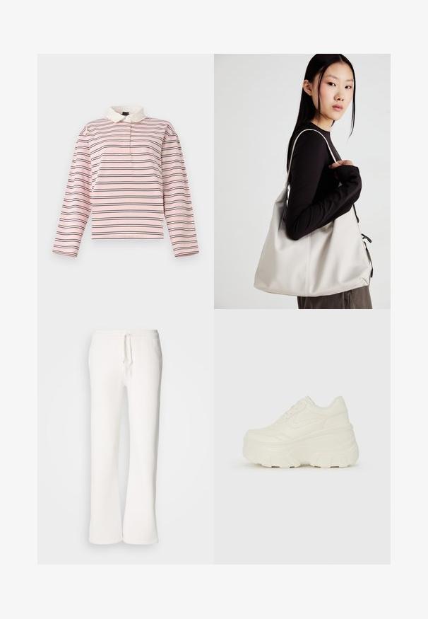 Camisa polo de manga longa rosa com listras pretas estreitas, colarinho e uma pala frontal com botões. Tecido de algodão suave e liso.; Calças de fato brancas, de corte descontraído, feitas de um tecido macio, com um cós elástico e um cordão de ajuste, apresentando um design de pernas retas.; Tênis brancos de plataforma com um cabedal suave semelhante a couro, formato arredondado, colarinho acolchoado e sola de borracha texturizada com ranhuras bem definidas.; Uma bolsa bege feita de material macio, com um design descontraído, detalhes de costura e duas alças para o ombro. Adequada para uso diário.