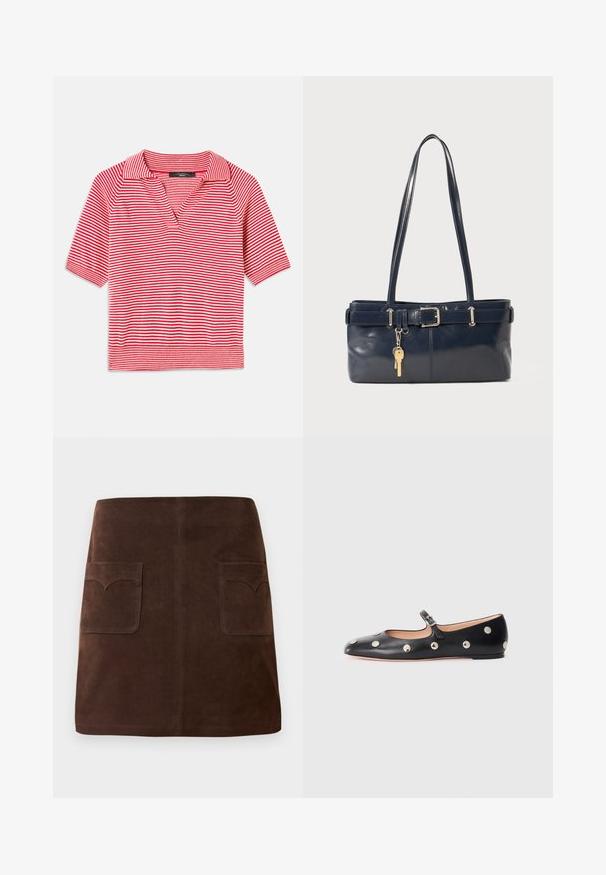 Punane ja valge triibuline lühikeste varrukatega polo särk v-kaelusega, millel on tekstuuriga kudumimuster ja kontrastne soonikkoes serv.; Pruun seemisabal, millel on klassikaline A-linja kuju, kaks eesmist taskut ümarate klappidega ja peened tikandi detailid.; Must naar mustast valmistatud Mary Jane lamedad jalanõud, ümarate varvastega, hõbedaste ümmarguste nupukestega ja reguleeritava rihmaga, millel on klamber.; Tumedast nahast käekott kahe pika käepidemega, pandla detailiga ja võtmehoidjaga. Omab siledat tekstuuri ja ristkülikukujulist vormi.