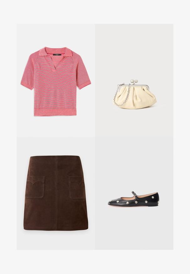 Sarkana un balta svītrainā īsā piedurkne polo krekls ar v-veida apkakli, kuram ir teksturēta adījuma raksts un kontrastējoša ribota mala.; Brūns zamšādas svārki ar klasisku A-line formu, divām priekšējām kabatām ar noapaļotiem vāciņiem un smalkiem šuvju detaļām.; Melna ādas Mary Jane līdzena zābaku ar noapaļotu purngalu, kurā ir sudraba apaļie kniedes un regulējama siksniņa ar sprādzi.; Rūpīgi pleatota bežīga ādas somiņa ar sudraba metāla rāmi, kurai ir divas apaļas dekoratīvas sprādzes un sudraba ķēdes siksna.