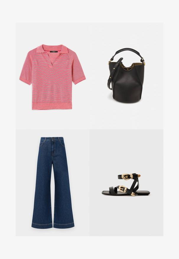 Sarkana un balta svītrainā īsā piedurkne polo krekls ar v-veida apkakli, kuram ir teksturēta adījuma raksts un kontrastējoša ribota mala.; Plati ziladenim bikses ar augstu jostasvietu, kas aprīkotas ar pogas aizdari, jostu cilpām un nelieliem šuvju detalizējumiem ap kabatām un malām.; Melni ādas sandales ar zelta sprādzēm, ar vairākām siksnām un plakanu zoli, piemērotas valkāšanai ar atvērtu purngala.; Melnas ādas spainīša somas ar teksturētu apdari, zelta metāla aksesuāriem un atvērtu augšu. Piedāvā īsu rokturi un regulējamu plecu siksnu.