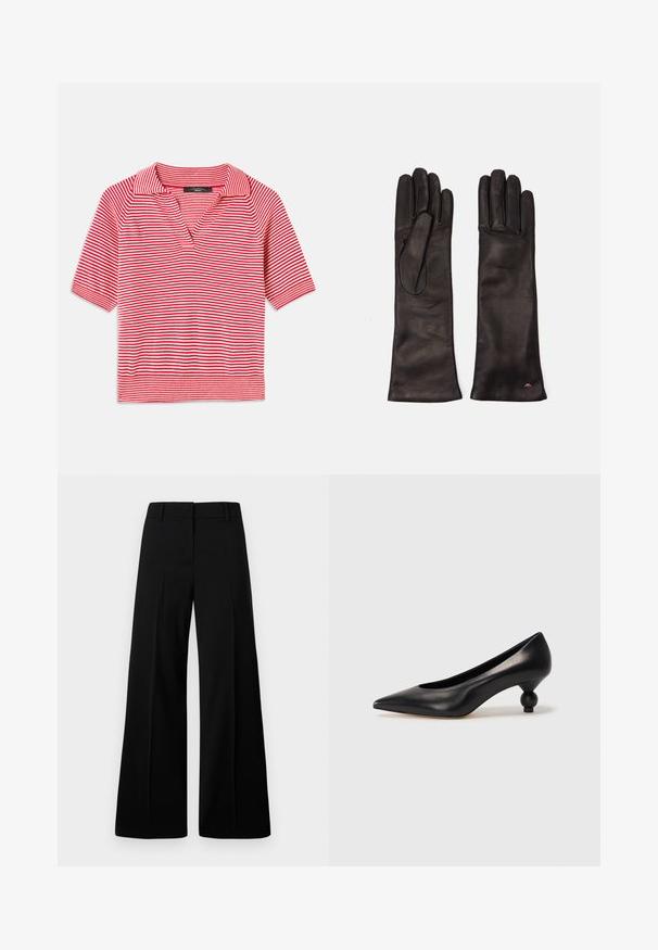 Rood en wit gestreept polo shirt met korte mouwen en een V-halskraag, met een gemêleerd breiselpatroon en contrasterende ribbelzoom.; Zwarte wijde broek van een gladde stof, met een gestructureerde tailleband en voorplooien. Minimalistisch ontwerp zonder zichtbare hardware.; Zwarte leren hoge hak schoen met een spitse neus en een ronde, bolle hak. Gladde textuur met een elegant, minimalistisch ontwerp.; WEEKEND MaxMara SENAPE - Handschoenen - nero