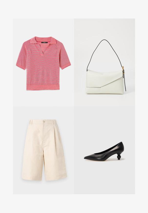 Punane ja valge triibuline lühikeste varrukatega polo särk v-kaelusega, millel on tekstuuriga kudumimuster ja kontrastne soonikkoes serv.; Beezid linane lühikesed püksid, millel on mugav lõige, nupuga sulgemine, volditud disain ja kuni põlve ulatuv lõige. Sile tekstuur ja lihtne stiil.; Must musta kõrge kontsaga king, millel on terav nina ja ümar, pallikujuline konts. Sile pind ja elegantne, minimalistlik disain.; Valge nahast käekott kolmnurkse klapi sulgemisega, must rihm, kuldse tehnika aktsentidega ja siledalt tekstureeritud viimistlusega.