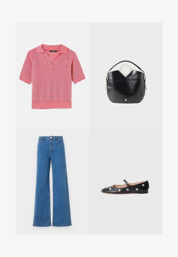 Rood en wit gestreept polo shirt met korte mouwen en een V-halskraag, met een gemêleerd breiselpatroon en contrasterende ribbelzoom.; Brede blauwe denim jeans met een hoge taille, voorzakken en een knoopsluiting. De stof heeft een gladde textuur en een klassiek stikselpatroon.; Zwarte leren Mary Jane ballerina met een ronde neus, voorzien van zilveren ronde studs en een verstelbaar bandje met een gesp.; Zwarte leren tas met een gebogen vorm, ronde handgreep aan de bovenkant en zilver logo detail. Gladde textuur en opvallend uitgesneden ontwerp.