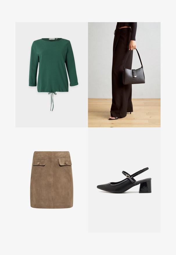 Top verde de manga larga con cuello redondo, textura acanalada, acentos de botones laterales y cordón ajustable en el dobladillo.; Mini falda de ante marrón con una textura suave, que presenta dos bolsillos frontales con solapa y cierres de botón a cada lado. Diseño simple y recto.; Tacones slingback de charol negro con punta afilada, un diseño de corte redondeado y tacón bloque. Incluye un detalle de hebilla en tono dorado.; Bolso negro con forma estructurada, textura suave y un cierre metálico. Combinado con pantalones anchos negros y sandalias de dedo en un suelo de madera.