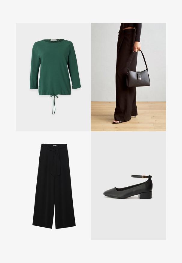 Groene lange mouwen top met ronde halslijn, geribbeld textuur, zijknopenaccenten en verstelbare trekkoord aan de onderkant.; Zwarte wijde broek van textuurstof, met een elastische tailleband en een afneembare sjaalstrik in de taille voor een verstelbare pasvorm.; Zwarte leren pump met een spitse neus en een lage blokhak. Beschikt over een enkelband met een goudkleurige gespsluiting. Gladde textuur.; Zwarte handtas met gestructureerde vorm, gladde textuur en een metalen sluiting. Gecombineerd met brede zwarte broeken en sandalen met open teen op een houten vloer.