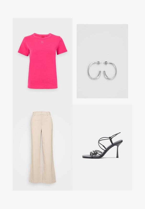 Erkki roosa puuvillane T-särk lühikeste varrukatega, ümar kaelus ja rinnal väike valge "HUGO" logo. Sile tekstuur, klassikaline istuvus.; Beeži laiad püksid sujuva tekstuuriga, kõrgendatud vöökoht ja kaks eesmist taskut. Puhtas disain, mis on kohandatud sobivusega.; Mustad musta värvi kontsandaalid on varustatud peente rihmadega, millel on sõlmekujundus, siledad ruudukujulised varbad ja stiilne stilettokonts.; Hõbedast rõngaskõrvarõngad sileda ja läikiva pinnaga, kõveriku kujuga ning postitaksega sulgur. Minimalistlik disain kaasaegse viimistlusega.
