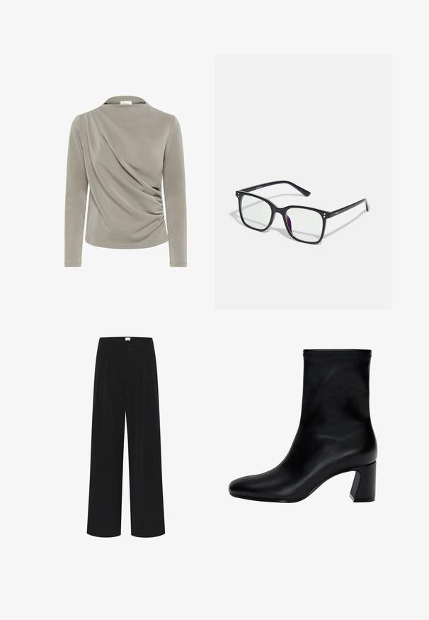 Long-sleeve top in light gray fabric, featuring draped detailing on one side and gathered texture at the waist. Smooth, soft finish.; Black wide-leg trousers featuring a high waist, pleats, and a smooth texture. Minimalistic design with no visible patterns or hardware.; Black ankle boot made of smooth leather. Features a square toe, elasticated top, and a chunky heel for stability. Minimalist design.; Black rectangular glasses with clear lenses, featuring gold accents on the frame and a slight purple tint on one lens.