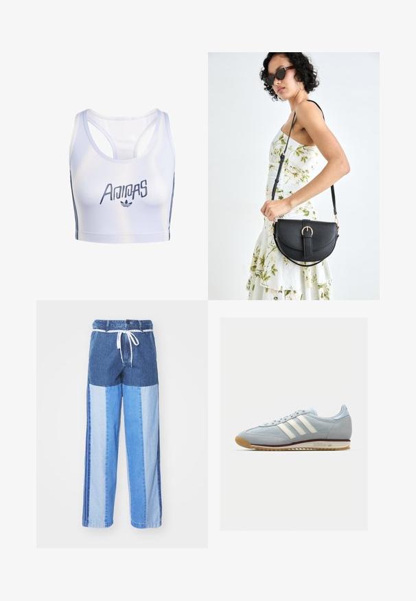 Sutiã desportivo branco com alças ajustáveis, apresentando um logótipo "Adidas" em azul escuro e riscas laterais subtis para um toque adicional. Textura suave.; Calças de ganga azuis com um design em patchwork com diferentes tons de azul, cintura com cordão e pernas largas de corte reto.; Sneakers de camurça azul claro com três riscas brancas, sola de borracha e malha texturizada. Apresenta uma biqueira lisa e marca no calcanhar.; Bolsa de couro preta com forma curva, alça destacável e detalhes em dourado. A bolsa possui uma aba com detalhe de fivela.