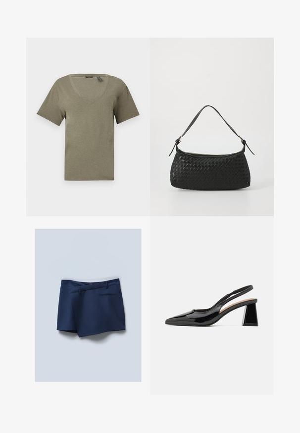 Oliwkowa koszulka z dekoltem w serek, krótkie rękawy, wykonana z miękkiego, lekkiego materiału, charakteryzująca się luźnym krojem i starannym wykończeniem.; Granatowe szorty z płaskim przodem, bocznymi kieszeniami oraz kieszenią z tyłu. Gładki materiał o dopasowanym wyglądzie z przeszyciami.; Czarne lakierowane szpilki z odkrytymi piętami i spiczastym noskiem, z unikalnym geometrycznym obcasem i gładką powierzchnią. Regulowany pasek dla wsparcia.; Czarna, pleciona torba na ramię z gładkim skórzanym paskiem i zapięciem na zamek. Charakteryzuje się teksturowaną powierzchnią i zakrzywionym kształtem.