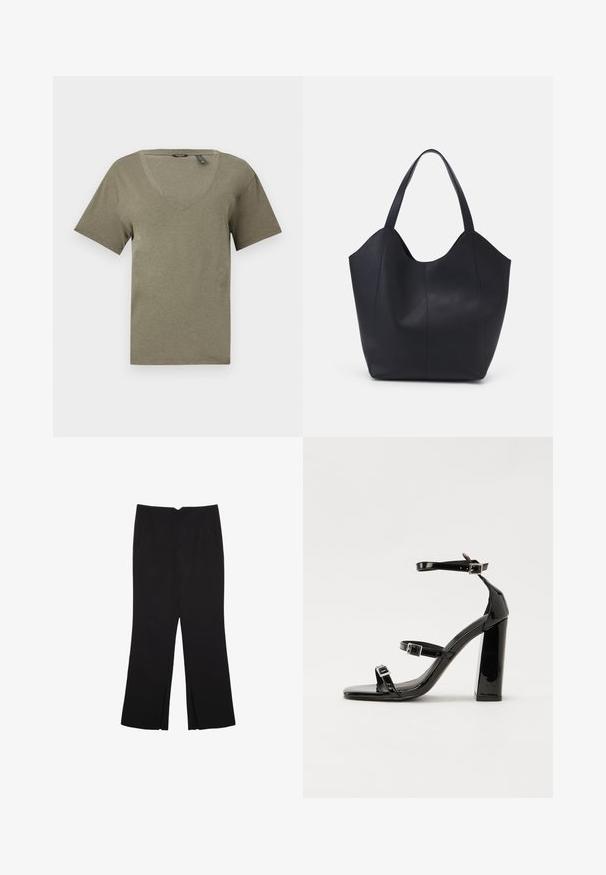 Olive green v-neck t-shirt, short sleeves, made of soft, lightweight fabric, featuring a relaxed fit and clean stitching detail.; Black trousers with a straight fit, featuring front pockets and side slits at the hem. Made of soft, smooth fabric. Suitable for various occasions.; Black patent heeled sandals with a square toe, ankle straps, and silver buckles. Features a chunky block heel for stability.; Black tote bag made of smooth leather, featuring a curved, open top with two shoulder straps and a minimalist design.