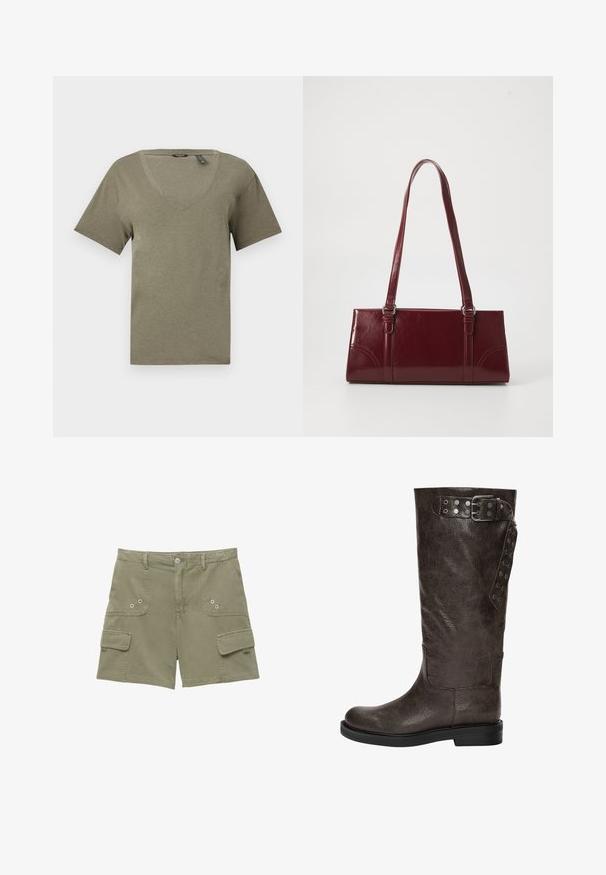 Olivengrøn v-hals t-shirt, korte ærmer, lavet af blødt, let vævning, med en afslappet pasform og pæne sømdetaljer.; Cargo shorts i olivengrøn bomuld med to forlommer, en sidelomme og metalknaplukning. Glat tekstur og skræddersyet pasform.; Brune læderknæhøje støvler med en struktureret finish, der har en spændedetalje og trykknapaccents på siden, samt en flad gummisål.; Bordeaux håndtaske lavet af glansfuldt materiale, rektangulær form, med to skulderremme og subtile buede detaljer på forsiden.