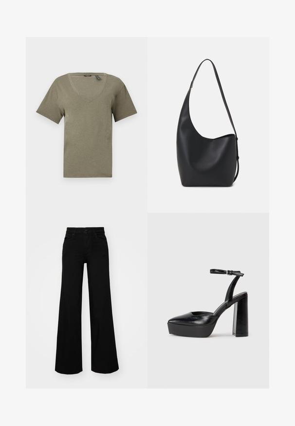 Olijfgroene v-hals t-shirt, korte mouwen, gemaakt van zachte, lichte stof, met een relaxte pasvorm en een nette stikselafwerking.; Zwarte wijdvallende broek van denim, met een gestructureerde tailleband, riemlussen en voorzakken. Glad van textuur met een klassiek ontwerp.; Zwarte plateauhakken met een puntige neus en verstelbare enkelband. Gemaakt van soepel leer, met een robuuste blokhak.; Zwarte leren hobo tas met een gladde textuur, kromme vorm en een enkele verstelbare schouderband; heeft een brede opening aan de bovenkant.