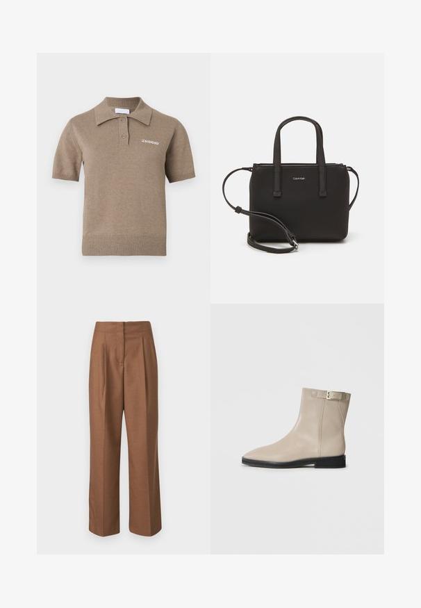 Trumparankovė megzta polo marškinėliai šviesiai rudos spalvos, su rifliuota apykakle, trijų mygtukų užsegimu ir išsiuvinėta logotipų ant krūtinės.; Rudos pritaikytos kelnės su didele juosmens linija, plačiomis kojomis, priekinėmis klostėmis ir glotnia tekstūra. Matomų kišenių ar papuošimų nėra.; Bežiniai odiniai auliniai batai su smailiu priekiu, juodu padu, žemu kulnu ir auksine sagtimi išorinėje pusėje, pristatyti baltame fone.; Juoda rankinė su dviem trumpais rankenėlėmis ir nuimamu petį. Lygaus odos tipo medžiaga su užtrauktuku ir logotipo detale.