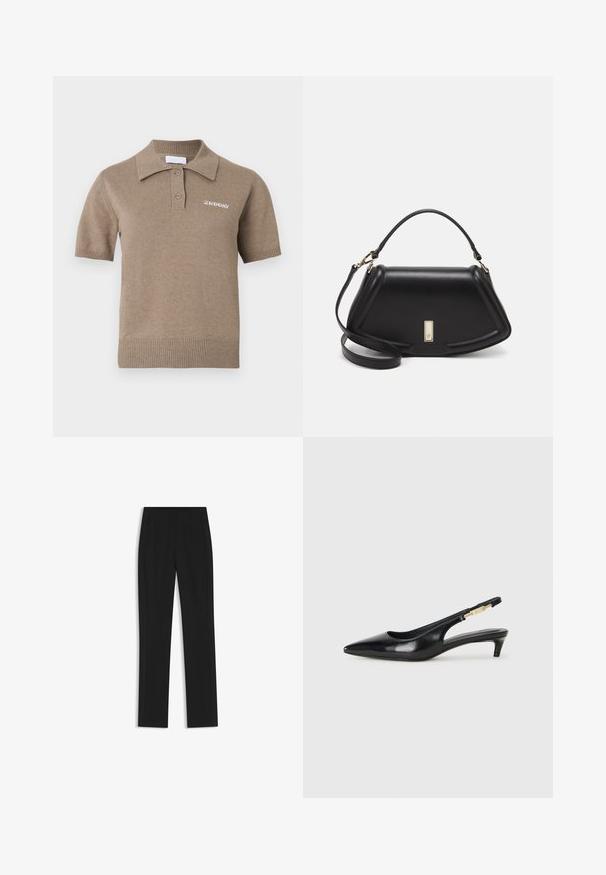 Vaaleanruskea lyhythihainen neulospikeepaita, jossa on ribbineuloskaulus, kolmen napin kiinnitys ja rintapielessä kirjailtu logo.; Mustat räätälöidyt housut suoran lahkeen designilla, joissa on etutaskut ja sileä, teksturoitu kangas. Siistit, minimalistiset yksityiskohdat.; Mustat nahkaiset slingback-korkokengät, joissa on terävä kärki, ohuet korot ja kultasävytteinen yksityiskohta säädettävässä hihnassa. Silkkinen pinta.; Mustalla nahkalaukulla, jossa on jämäkkä muotoilu, lyhyt malli, yläkahva ja kultaiset yksityiskohdat. Säädettävä olkahihna sisältyy.
