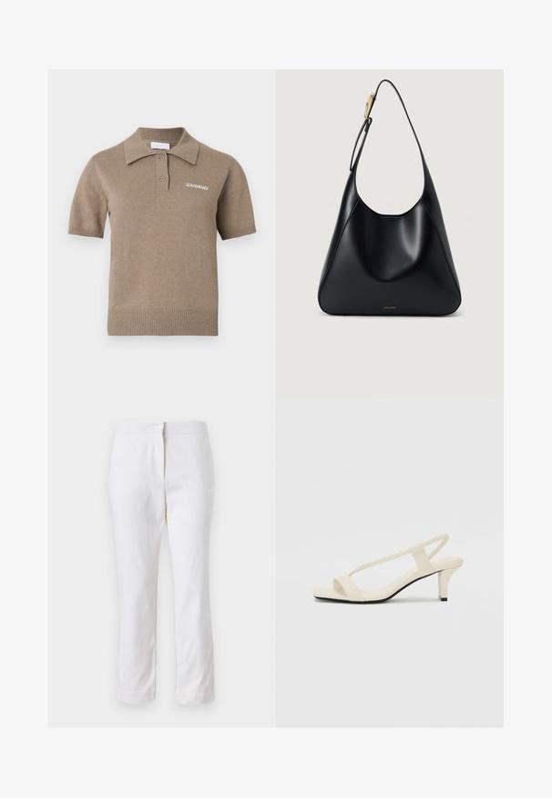 Īsām piedurknēm adīts polo krekls gaiši brūnā krāsā ar ribotu apkakli, trīs pogu aizdari un uz krūtīm izšūtu zīmolu.; Baltas kokvilnas bikses ar taisnu kāju dizainu, ar vidēju augstumu un bez redzamām detaļām vai rakstiem. Visā virsmā ir gluda tekstūra.; Beige bloku papēžu sandales ar plānām siksnām un kvadrāta formas purngalu. Gluda materiāla virsma ar minimālām detaļām, paredzētas ērtai nēsāšanai.; Melnas ādas plecu soma ar gludu tekstūru, izliekta silueta un zelta aparatūru. Aprīkota ar debumpētu zīmola logotipu apakšā.