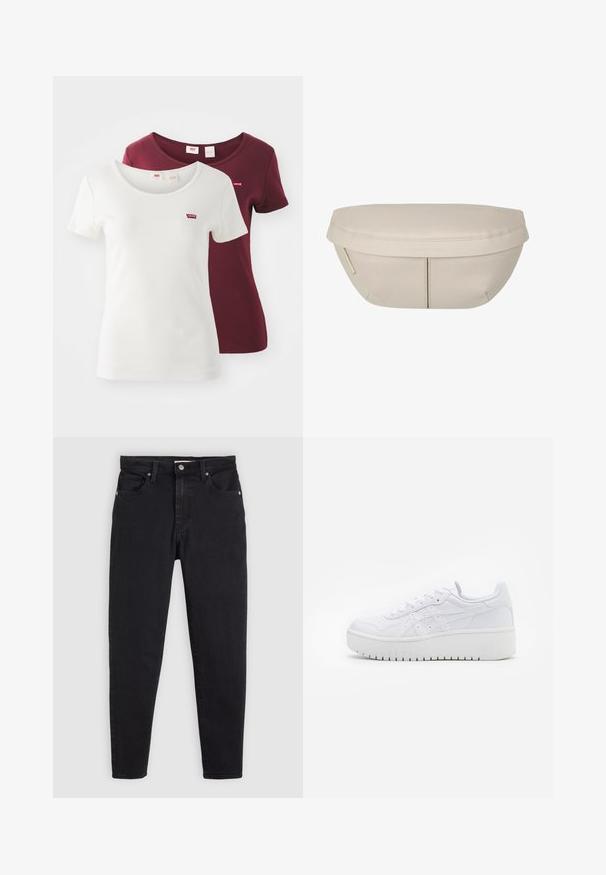 Dvě trička s krátkým rukávem: jedno bílé s kulatým výstřihem a červeným logem Levi's, a jedno bílé s podobným designem a umístěním loga.; Černé slim-fit džíny s knoflíkovým a zipovým zapínáním, pěticípým designem a poutky na opasek na světle šedém pozadí.; Bílé platformové tenisky s hladkým koženým povrchem, perforovanými detaily a plochými tkaničkami; mají silnou bílou gumovou podrážku.; Beige textilní taštička s kulatým tvarem, která má plochý vršek a jemné švy. Obsahuje minimalistické logo a boční popruh.
