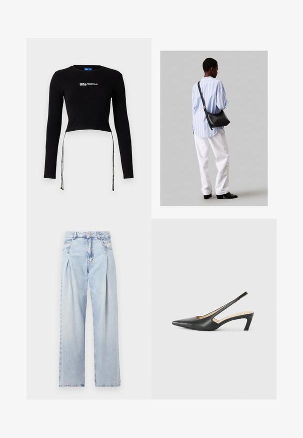Fekete bordázott cropped felső hosszú ujjakkal, kerek nyakkivágással és állítható zsinórokkal az alján. Tartalmazza a "Karl Lagerfeld Jeans" logót.; Világoskék farmernadrág magas derekú, bő szabású, két oldalsó zsebbel és pliszírozott dizájnnal. Puha tapintású, elhalványított felület.; Fekete, hegyes orrú, slingback cipő alacsony sarkával, sima bőrből készült, oldalt kivágott deisgnal a légáteresztőképesség érdekében.; Fekete bőr válltáska puha tapintással, háromszög alakú, állítható pánttal, világoskék csíkos inggel és fehér nadrággal párosítva.