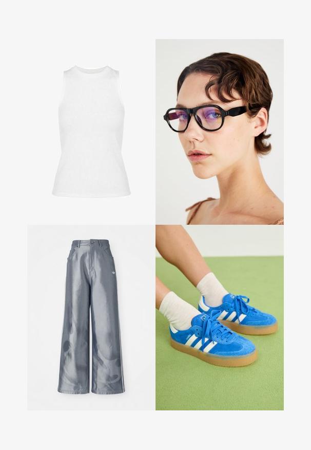 Débardeur blanc sans manches en ribbed avec un col haut, présentant une coupe ajustée et une texture lisse. Design simple, sans motifs ni accents visibles.; Pantalons à jambes larges en matériau gris brillant, présentant des bandes latérales blanches et un motif de flammes sur les jambes inférieures. Fermeture à bouton et à zip à la taille.; Baskets en daim bleu avec des rayures blanches, semelle en gomme, bout rond et lacets en tissu. Associées à des chaussettes crème sur une surface verte.; Lunettes rectangulaires noires avec des verres teintés de violet, dotées d'une monture épaisse et de faces plates, soulignant un design moderne.; Sac à main en cuir noir avec une forme courbée, bandoulière amovible et des accessoires en or. Le sac est doté d'un rabat avec un détail de boucle.