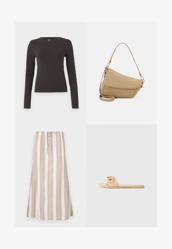 T-shirt de mangas longas feita de algodão cinza escuro com gola redonda, design justo e textura suave. Sem padrões ou acentos notáveis.; Saia riscada em branco e castanho claro, com uma cintura ajustável por cordão e um design longo e fluido. Feita de um tecido leve com um corte descontraído.; Chinelos nus feitos de material sintético liso, com design de tira atada e sola plana, sem hardware ou detalhes visíveis.; Even&Odd Mala de mão - beige