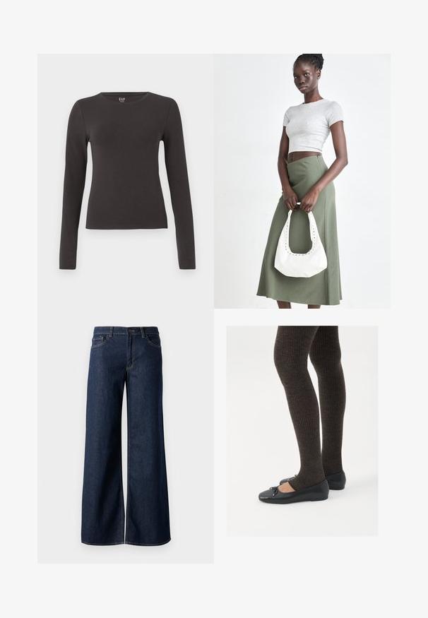 Langärmliges Oberteil aus dunkelgrauer Baumwolle mit Rundhalsausschnitt, taillierte Passform und glatter Textur. Keine Muster oder auffälligen Akzente.; Weite Jeans in dunkelblauem Denim. Merkmale sind kontrastierende Nähte, fünf Taschen und ein Knopfverschluss an der Taille. Glatte Textur.; Schwarze flache Schuhe mit einem kleinen Schleifendetail an der Zehe, kombiniert mit dunkelbraunen gerippten Strumpfhosen. Die Schuhe haben eine glatte Textur und ein niedriges Profil.; Grauer gerippter Croptop und olivgrüner Rock mit hoher Taille. Das Modell hält eine weiße Schultertasche mit Ausschnittdetails. Schlichte Gestaltung, taillierte Silhouette.