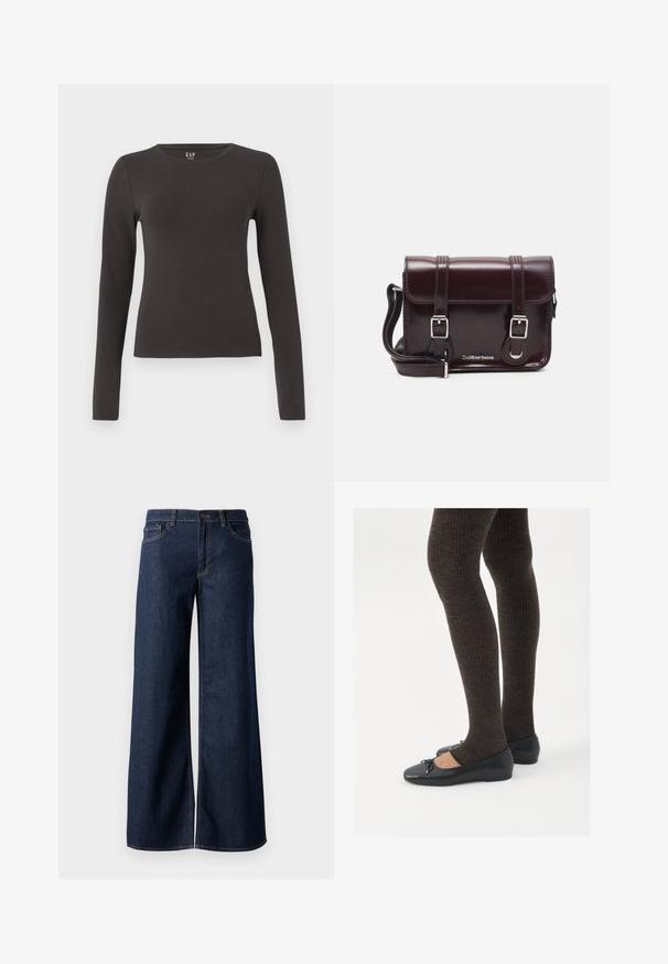 Long-sleeve top made of dark gray cotton with a crew neckline, fitted design, and smooth texture. No patterns or noticeable accents.; Wide-leg jeans in dark blue denim. Features contrast stitching, five pockets, and a button closure at the waist. Smooth texture.; Black flat shoes with a small bow detail at the toe, paired with dark brown ribbed tights. Shoes have a smooth texture and low profile.; Burgundy patent leather crossbody bag with a rectangular shape, two straps, silver hardware, and a flap closure.