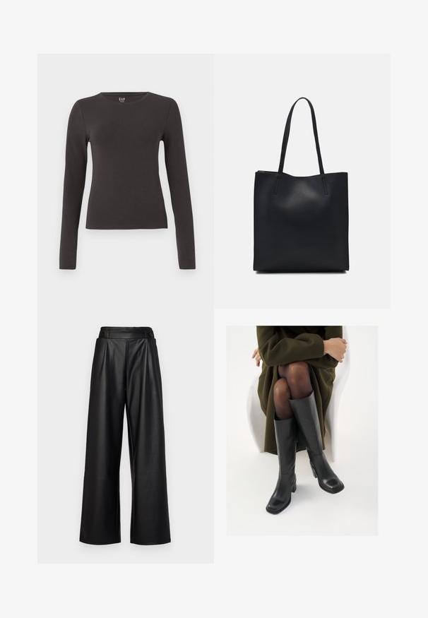 Langarmshirt van donkergrijze katoen met een ronde hals, getailleerd ontwerp en een gladde textuur. Geen patronen of opvallende accenten.; Zwarte, wijde leren broek met hoge taille, plooien en twee ronde knopen aan de voorkant voor sluiting.; Knieschijf hoge zwarte leren laarzen met een vierkante neus en blokhak, getoond met een model dat zit in een olijfgroene jas. Gladde textuur, minimale details.; Zwarte leren handtas met een gladde textuur, rechthoekige vorm en twee lange handvaten. Geen zichtbare hardware of versieringen.