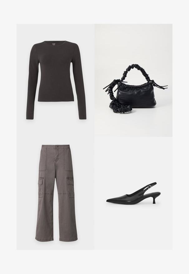 Long-sleeve top made of dark gray cotton with a crew neckline, fitted design, and smooth texture. No patterns or noticeable accents.; Gray cargo pants made of cotton with a wide leg design, featuring two front pockets, two side pockets, and visible stitching details.; Black leather slingback shoe with a pointed toe and a slim, curved heel. Features a discrete adjustable strap with a metal buckle.; Black faux leather handbag with a crocodile texture, cinched top, and a scrunched strap. Appears soft and compact in design.