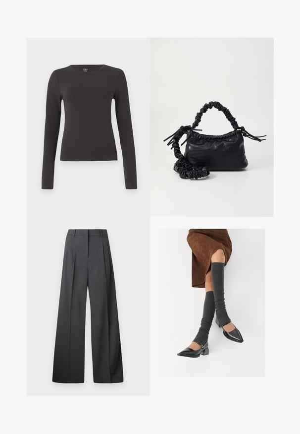 Bluza cu mânecă lungă, din bumbac gri închis, cu decolteu rotund, design ajustat și textură fină. Fără modele sau accente vizibile.; Pantaloni culți din țesătură gri închis, cu talie înaltă, pliuri simple și o textură netedă, cu o finisare curată la tivuri.; Pantofi negri din piele lacuită, cu vârful ascuțit, toc bloc și curea la glezna, asortați cu jambiere gri cu nervuri și o fustă din suede maro.; Geantă din faux leather neagră cu textură de crocodil, cu partea superioară strânsă și o curea mototolită. Pare moale și compactă ca design.