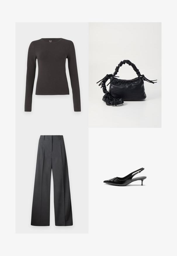 Pikisuht ga-öös gray puuvillane topp, millel on klassikaline kaelus, sobiv disain ja sile tekstuur. Ilma mustrite või märgatavate aktsentideta.; Tumesed püksid tumesinises kangas, kõrge vöökoht, üks voldik ning sile struktuur puhaste ääristega.; Musthave nahkased kõrged kontsad, millel on terav varvas, väike kitten-kont ja dekoratiivne sõlm ees. Ühtlane sile tekstuur.; Must must sünteetilisest nahast käekott, millel on krokodillimuster, kokku tõmmatav ülaosa ja kortsus rihm. Tundub pehme ja kompaktne disain.