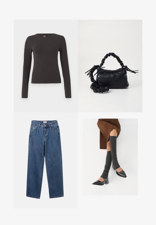 Długi rękaw top wykonany z ciemnoszarej bawełny, z okrągłym dekoltem, dopasowany krój oraz gładką teksturą. Bez wzorów ani zauważalnych akcentów.; Klasyczne niebieskie dżinsy o prostym kroju, pięć kieszeni i zapięcie na guzik. Charakteryzują się średnim odcieniem i solidną teksturą.; Czarne lakierowane buty na szpilce z prostokątnym obcasem i paskiem na kostce, zestawione z szarymi prążkowanymi ocieplaczami na nogi oraz brązową zamszową spódnicą.; Czarna torebka z syntetycznej skóry o teksturze krokodyla, z zaciąganym górnym zamknięciem i marszczonym paskiem. Wygląda na miękką i zwartą w designie.